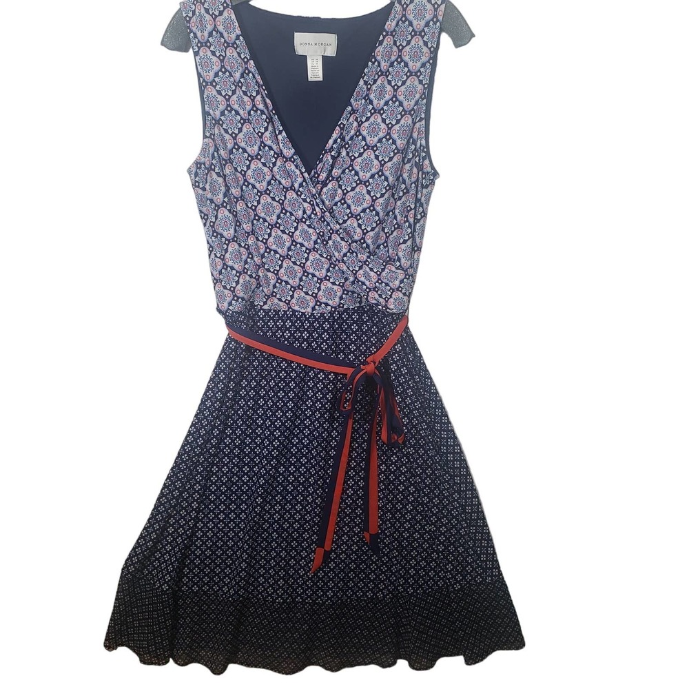 Donna Morgan Navy Multicolored Dress 14 Stretch Sleeveless Belt